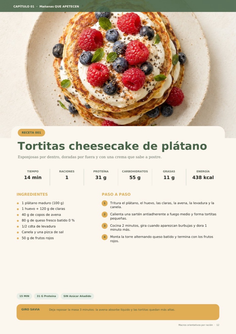Vista previa de una receta del ebook con ingredientes, pasos y macros